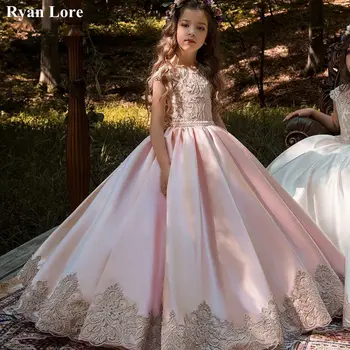Елегантна бална рокля Рокли за момичета Fower 2020 Ново принцеса рокля с къси ръкави трапецовидна форма Сватбена рокля за първо причастие Рокли за конкурса