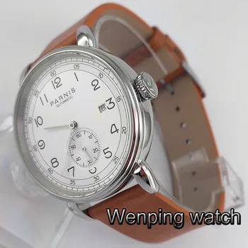 Parnis нови 42 мм мъжки отгоре луксозни механични часовници сребърен корпус за часа на датата на прозореца на кожени автоматично мъжки часовник 2961