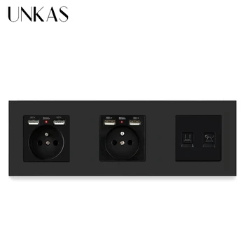 Пластмасов Панел UNKAS Двойна розетка за френския Стандарт с 4 USB порт за зареждане + Телефонен конектор RJ11 + Интернет-компютър, RJ-45