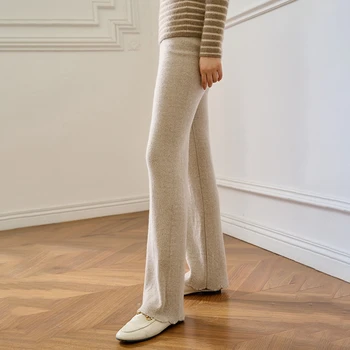 Дамски кашмир панталони 2021 г. Нови Есенно-зимни меки восъчни удобни плетени дамски висококачествени обикновена широки панталони с висока талия