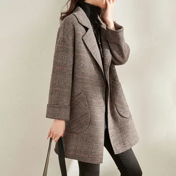 Дамско палто Двустранно вълнена клетчатое палто със средна дължина Пролет Есен Нов Стил на Офис дамски връхни дрехи Корея, модни дрехи