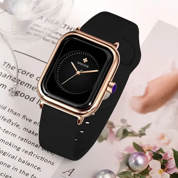 Reloj Mujer Нов Топ-марка WWOOR Луксозни Дамски модни черни Силиконови часовници Дамски квадратни Кварцови часовници, Елегантни дамски ръчен часовник