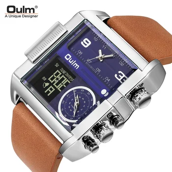Oulm led цифров часовник За мъже на Луксозна марка 3 Часови пояс Кристални Големи часовници 24 Часа Кожена каишка Мъжки Спортни часовници Relogio Masculino