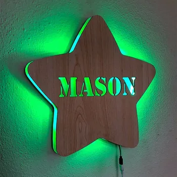 Персонални Звезда LED нощна светлина Потребителско Име Дървен Стенен лампа за деца Подаръци за Рожден Ден Начало Декор Регулируема Яркост
