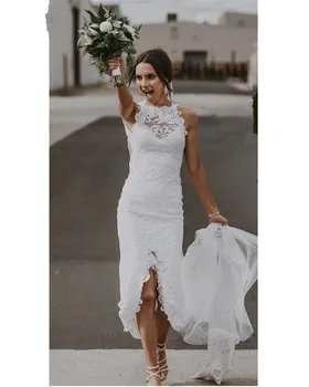 JIERUIZE Boho Сватбена рокля на Русалка с кръгло деколте и отворен гръб отпред с прерязано Бели дантелени дълги сватбени рокли, Сватбени рокли Vestido de нойва