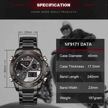 NAVIFORCE Мъжки часовник Ежедневните Бизнес Водоустойчив Светещи Цифров часовник с двойно време от неръждаема стомана с голям циферблат Мъжки ръчен часовник