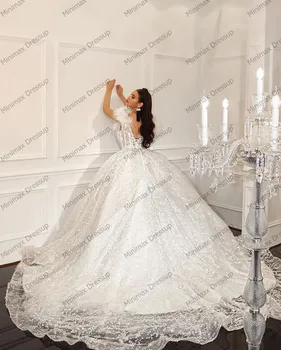 Секси сватбена рокля с дълбоко V-образно деколте и перли с рамо от пера, 3D Цветя дълги дантелени сватбени рокли от Най-новия сватбена рокля в Дубай