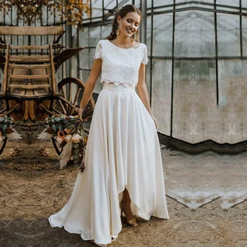 Богемные булчинска рокля от две части 2022 Дантелен топ с къс Ръкав на Сватбена рокля с скъпоценния камък на шията Плажна сватбена рокля Vestidos De Новия