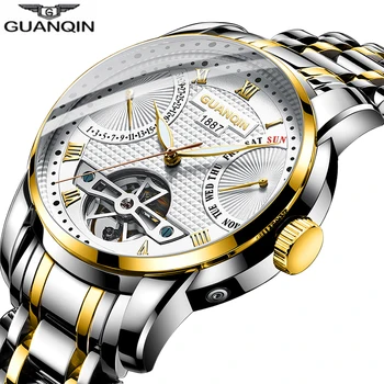 GUANQIN Часовници Мъжки Механични водоустойчив Автоматично Tourbillion стил от неръждаема стомана, бизнес часовници мъжки часовници Relogio Masculino