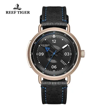 Reef Тигър/RT Нов Дизайн Прости часовници За мъже с Кожена каишка от розово злато Водоустойчив Военни Часовници, Автоматични часовници RGA9055