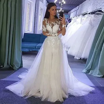 Сватбена рокля Vestido De Noiva с кружевными апликации и дълги ръкави, Вечерна рокля за булката атласное рокля дантела, Панделка MF0038