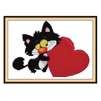 Black cat и червено сърце, определени за кръстат бод Аида 14 ct 11 карата печат количество платно кръстат бод ръкоделие бродерия направи си САМ ръчно изработени