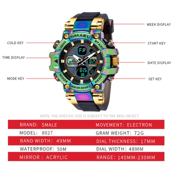Марка SMAEL Мъжки спортни модерен Фитнес-часовник с двоен дисплей Аналогов цифров часовник Мъжки Водоустойчива Цветна Военни часовници