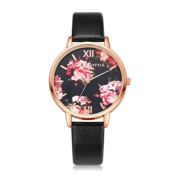 Дамски часовници Луксозна марка Дамски Розови цветя Кожена каишка Ежедневни кварцови часовници Дамски модни часовници Relogio Feminino
