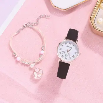 Нови стилове, Светещи дамски часовници Ежедневни Кожени часовници с шарени звезди за жени Просто Малък циферблат за момичета Дамски кварцови розови часовници