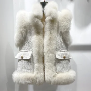 дамска мода зима натурален натурален лисича кожа жилетка жилетка мозайка твидовое дебела вълнена дамско яке без ръкави