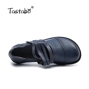 Дамски обувки Tastabo от естествена кожа, ръчна изработка на равна подметка с гумена подметка устойчива на износване S99115 цвят каки, синьо, удобна стелка за ниска пета