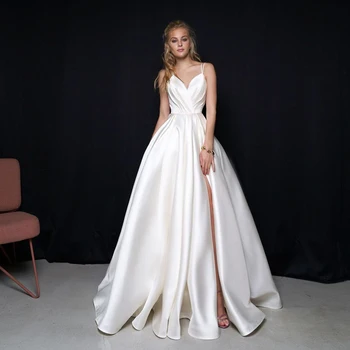 Атласное Сватбена рокля Размер 2022 Секси бретельки на спагети презрамки, гънки с рюшами, Линия Прости Сватбени Рокли Vestido De Noiva