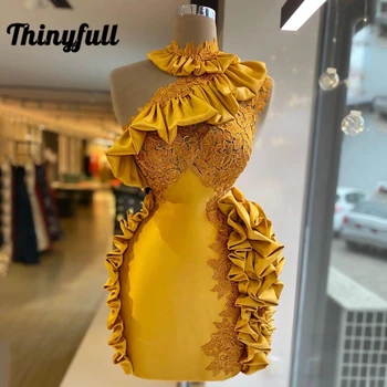 Тънки секси мини рокля за бала Реколта жълти апликация Вечерна рокля за парти 2021 Едно рамо Коктейлни Нощни рокли Плюс Размер