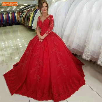 Модерни червени бални рокли, Сватбени рокли с дълъг ръкав и V-образно деколте с аппликацией Дантелено пищни сватбена рокля За жените по поръчка 2021 Сватбена рокля