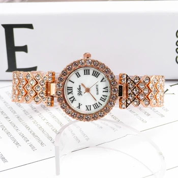 3 бр. компл. Луксозни дамски часовник-гривна от розово злато Моден дамски кварцов ръчен часовник с диаманти Дамски часовник-гривна Reloj Mujer