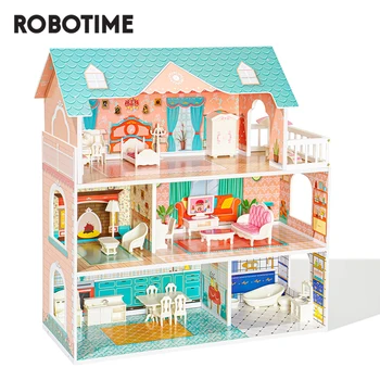 Robotime Голям Дървен Куклена Къща с Мебели Къща Кукла Игра, Определени Подарък за Деца Момичета