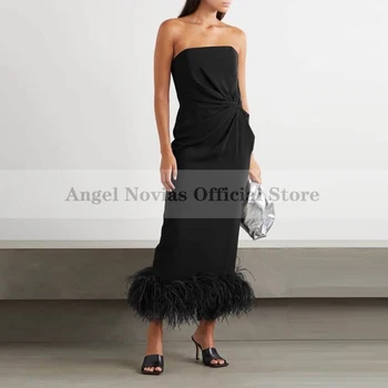 Арабското черно секси вечерна рокля с дължина до глезена с страусиным писалка без Вечерни рокли без презрамки 2021 Robe Soiree De Femme