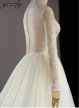 Кралско бална рокля с високо деколте Сватбени рокли Принцеса С дълги ръкави Дантелено сватбена рокля с перли, Плюс Размера на Gelinlik W225