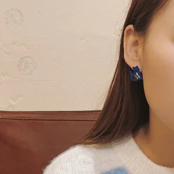 Модни корейски сини асиметрични обеци-карамфил с котки за жени, модни сладки обеци, подарък за рожден ден за момичета