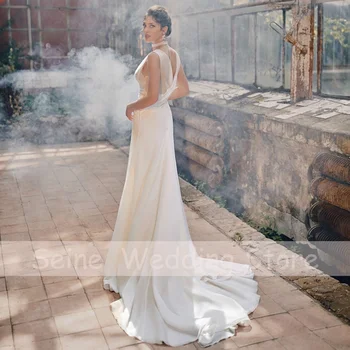 Шифоновые булчинска рокля с V-образно деколте за жени Обикновено сватба рокли без ръкави, цвят слонова кост, с аппликацией трапецовидна форма Рокля на булката robe de mariée 2021