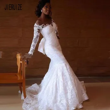 JIERUIZE Африкански сватбени рокли на Русалка с кръгло деколте и дълъг ръкав, Апликация с лък копчета Отзад Сватбени рокли Vestido De Noiva
