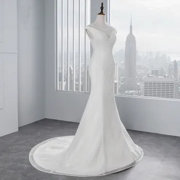 Нов стил във beading Секси гърди сватбена рокля на русалка с къси ръкави дантелено сватбена рокля Vestido de noiva robe de mariee