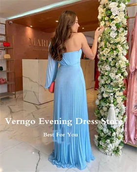 Verngo Светло небето-синьо драпированное шифоновое вечерна рокля с една пищна прерязано с дълги ръкави Оранжеви прости рокли за бала Плюс Размер Вечерна рокля