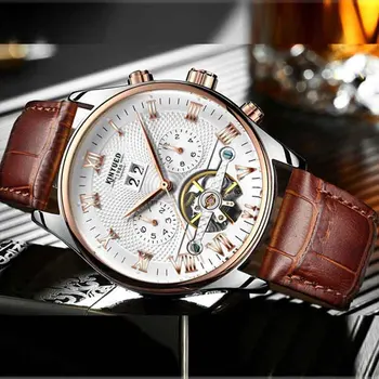 KINYUED За мъже Скелет Tourbillion Механични часовници, Автоматични Класически Розово Злато Кожена каишка Ръчни Часовници за мъже Reloj Hombre