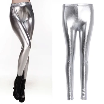 2020 Модни дамски секси лъскави гамаши с висока талия от изкуствена кожа Панталон-молив участък Сребърно-златни обикновена разтеглив Нови меки гамаши