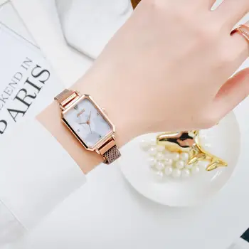 2020 Розово злато Елегантни дамски кварцов часовник Дамски модни часовници с диаманти Магнитен мрежест каишка Дамски часовници с диаманти