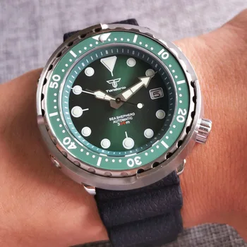 Tandorio 46,5 мм, Черни/сини/зелени Автоматично мъжки часовник NH35A Механизъм Сапфир кристал 20 бар Керамични Bezel каишка от Каучук Автоматична дата