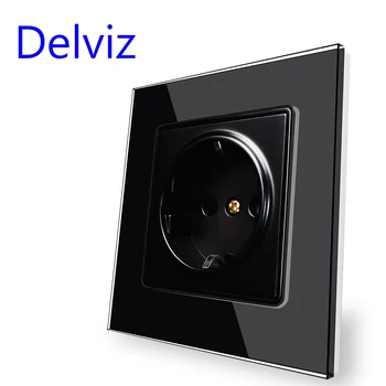 Изход от закалено стъкло Delviz,Домакински електрически контакт 16А,Квадратна черна кристална панел,ac 110-250,Стенни изход стандарт на ЕС