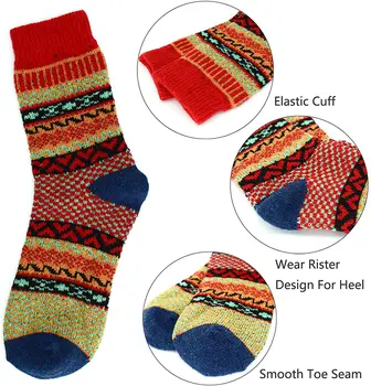 Реколта зимни чорапи за екипажа Новост Цветни вълнени възли дебели чорапи, за да маршируват обувки за жени и момичета, 5 двойки