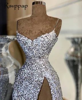 Блестящи дълги секси вечерни рокли 2022 с висока цепка Прости африкански жени със сребърни пайети Истински вечерни рокли