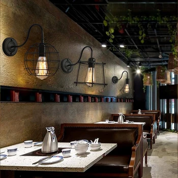 Американската ретро промишлена желязна клетка изкуството на черен железен стенни лампи ресторант бар стенни осветителни тела, декорации с електрическата крушка на Едисон