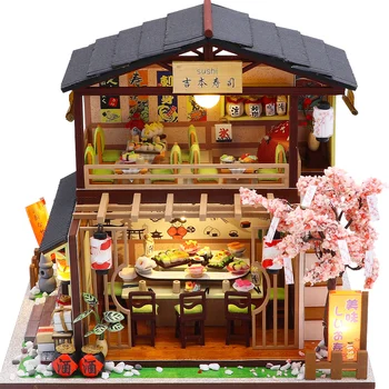 DIY Wooden Куклена Къща Японски Суши-бар Архитектура Куклени Къщи с Миниатюрни Мебели, Играчки за деца, Подарък на Приятел за Рожден Ден