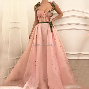 Осем Розови абитуриентски рокли за бала Скъпа, украсени с мъниста, перли, пайети, трапециевидными апликации, Вечерни рокли на спагети презрамки