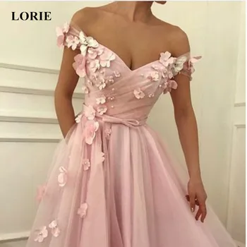 Лори Розови рокли за бала с открити рамене с флорални апликации от мек тюл трапецовидна форма Вечерни рокли за партита Плюс Размер за поръчка