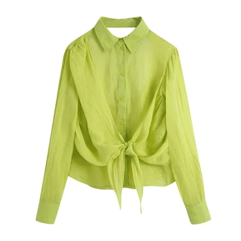 Za Дамска мода риза с отворена на гърба Топ Женски ревера на Ризата копчета Зелени шик деколте отзад гънки отпред завязки възел Дамска блуза 2021