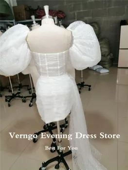 Verngo Брилянтни къси рокли за бала Скъпа Буйни ръкави Асиметрични Гънки на Модерните мини-вечерни рокли за партита