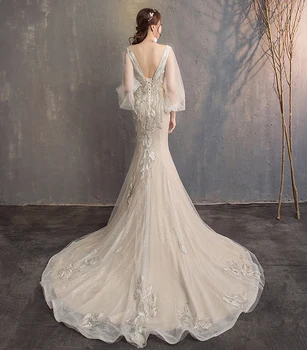 Висококачествено сватбена рокля на Русалка с аппликацией 2021 г. с дълги ръкави и влак без облегалка с V-образно деколте Нова рокля на булката Vestidos Robe De Mariée