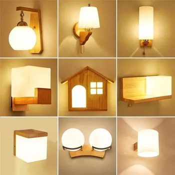 Kobuc Nordic Стъклена Стена Лампа Нощна Дървена лампа Модерни Аплици за Спални Хол Проход, с монтиран на стената Лампа, Лампа-в