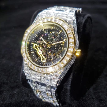 Хип-хоп MISSFOX Мъжки Часовници с лед Автоматични Механични 18-Каратные Златни Багетные диамантени часовници AAA Скелет на Часовника От Неръждаема Стомана