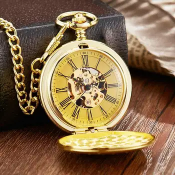 Луксозни Златни Steampunk Кух Скелет на Механични Джобни часовници За мъже Реколта Римски Циферблат Джоба, ключодържател Часовник с веригата Мъжки часовник